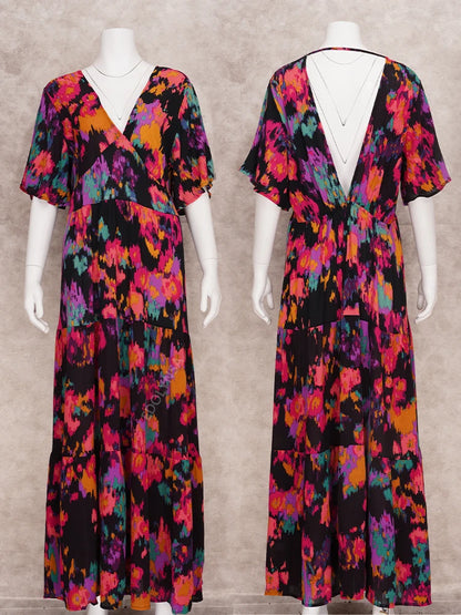 FashionSierra - 2024 Floral V-neck Self Belted Cotton Summer Boho Dress