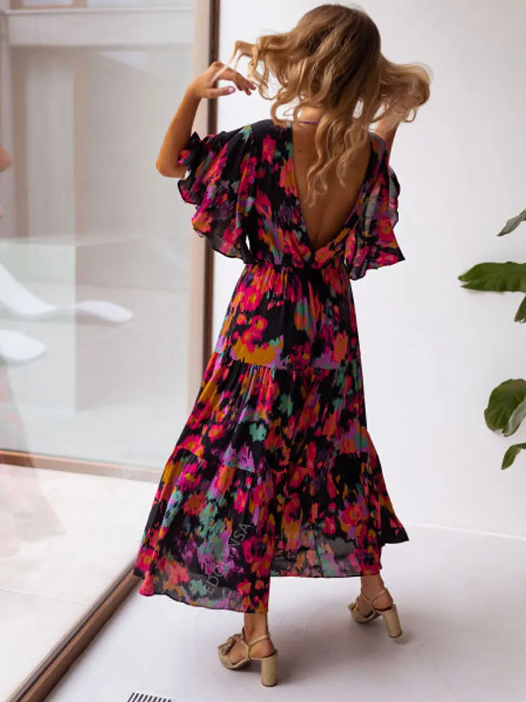 FashionSierra - 2024 Floral V-neck Self Belted Cotton Summer Boho Dress