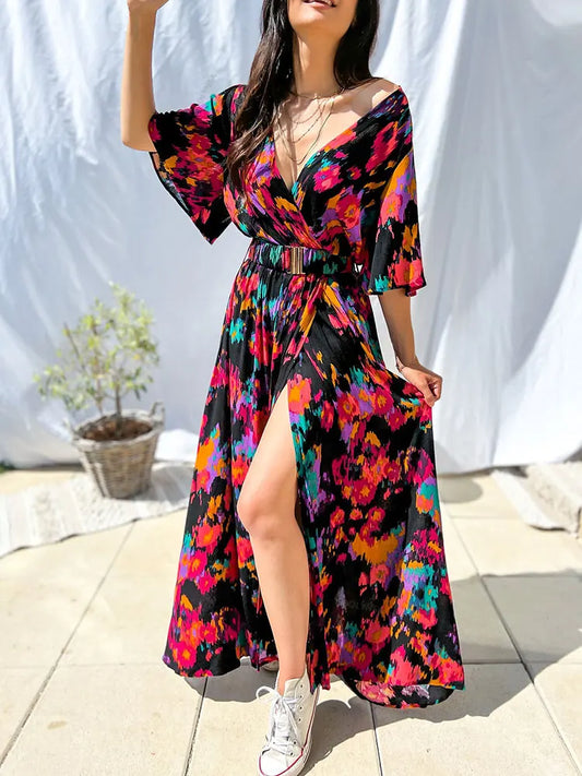 FashionSierra - 2024 Floral V-neck Self Belted Cotton Summer Boho Dress