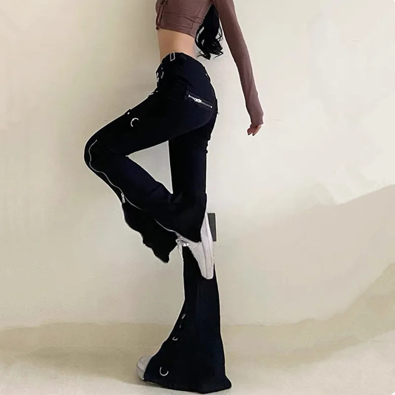 Dark Streetwear Ankle Zipper Slim Y2K Flare Halloween Pants