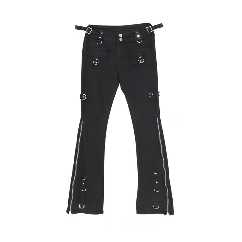 Dark Streetwear Ankle Zipper Slim Y2K Flare Halloween Pants