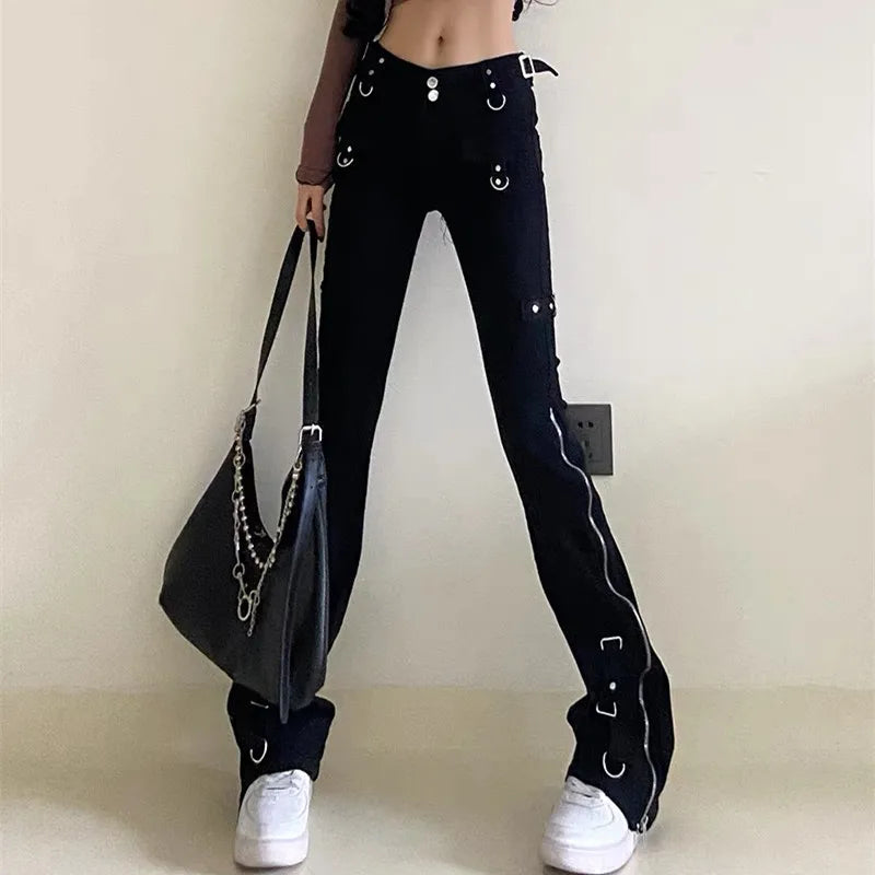 Dark Streetwear Ankle Zipper Slim Y2K Flare Halloween Pants