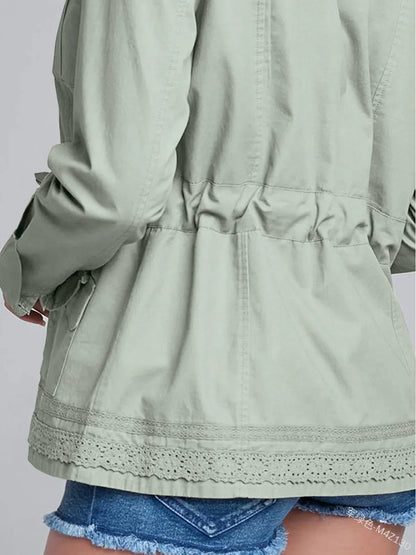 Color Lace Top Pocket Button Drawstring Long Sleeve Women Autumn Winter Coat