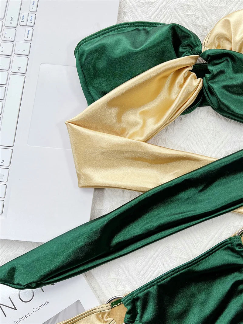 FashionSierra - 2024 Green Gold Strapless Brazilian Bandage Basic Swimsuits