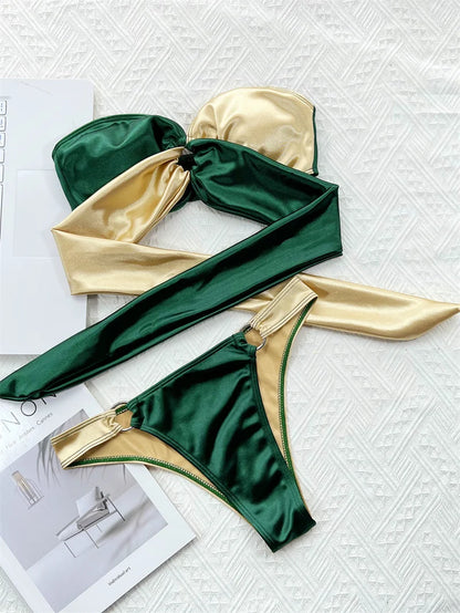 FashionSierra - 2024 Green Gold Strapless Brazilian Bandage Basic Swimsuits