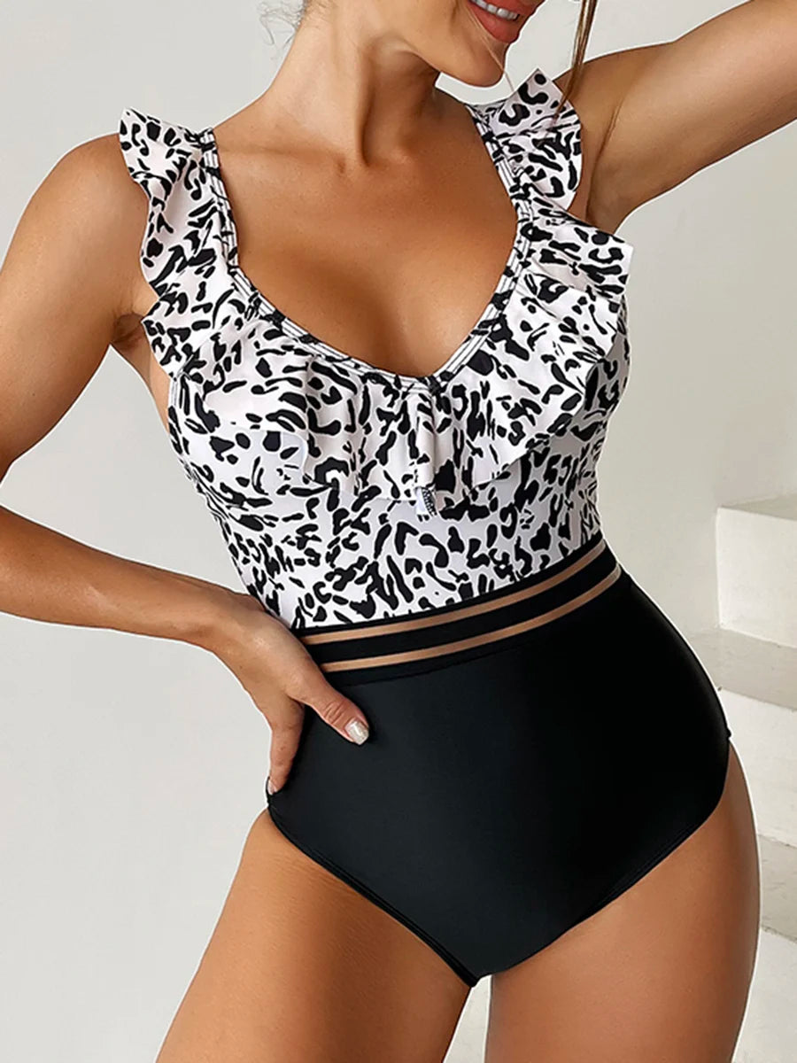FashionSierra - 2024 Leopard Mesh-Tape V-Neck Basic Swimsuits