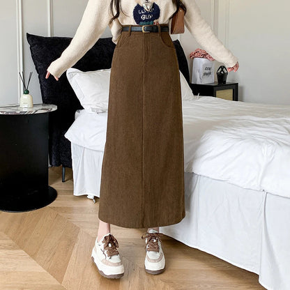 FashionSierra - 2024 New Autumn Winter Corduroy Long Womens Fashion High Waist Straight Ladies Retro Temperament Midi Skirt