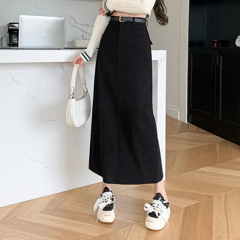 FashionSierra - 2024 New Autumn Winter Corduroy Long Womens Fashion High Waist Straight Ladies Retro Temperament Midi Skirt