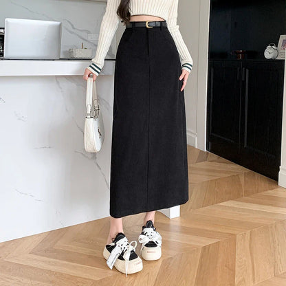 FashionSierra - 2024 New Autumn Winter Corduroy Long Womens Fashion High Waist Straight Ladies Retro Temperament Midi Skirt