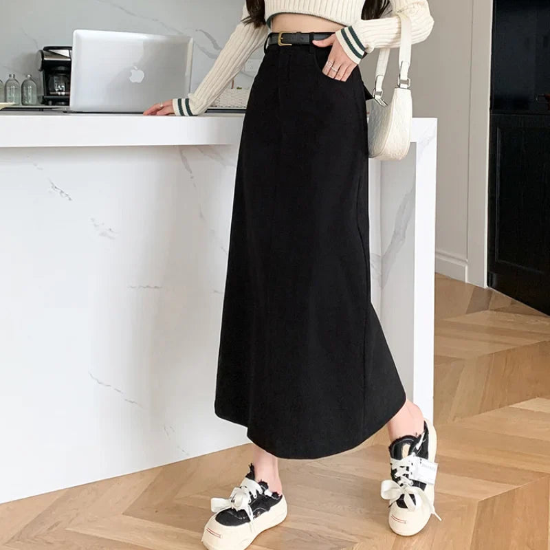 FashionSierra - 2024 New Autumn Winter Corduroy Long Womens Fashion High Waist Straight Ladies Retro Temperament Midi Skirt