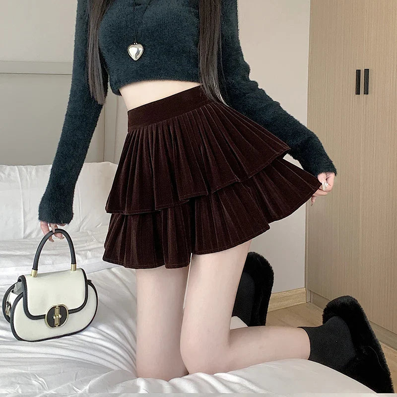 FashionSierra - 2024 New Autumn Winter Velvet Tutu Women Fashion High Waist Mini Pleated Woman Short Skirt