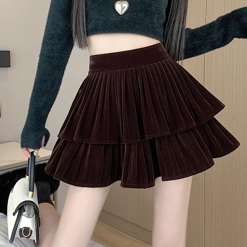 FashionSierra - 2024 New Autumn Winter Velvet Tutu Women Fashion High Waist Mini Pleated Woman Short Skirt