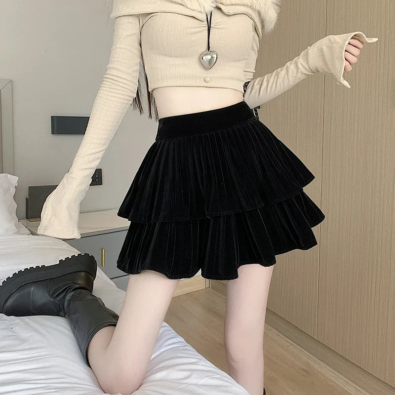 FashionSierra - 2024 New Autumn Winter Velvet Tutu Women Fashion High Waist Mini Pleated Woman Short Skirt