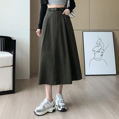 FashionSierra - 2024 New Autumn Winter Women Long Female Fashion High Waist A-line Midi Ladies Vintage Ball Gown Umbrella Skirt