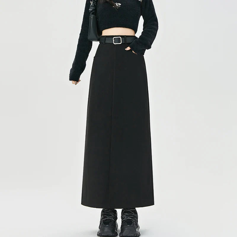 2024 New Autumn Winter Wool Blend Long Womens Fashion High Waist A-line Midi Ladies Elegant Woolen Skirt