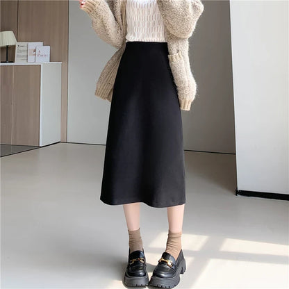 FashionSierra - 2024 New Autumn Winter Wool Blend Mid-length Women Fashion High Waist A-line Wool Female Casual Long Skirt