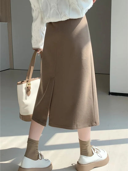 FashionSierra - 2024 New Autumn Winter Wool Blend Mid-length Women Fashion High Waist A-line Wool Female Casual Long Skirt