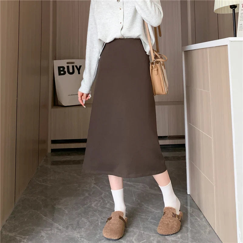 FashionSierra - 2024 New Autumn Winter Wool Blend Mid-length Women Fashion High Waist A-line Wool Female Casual Long Skirt