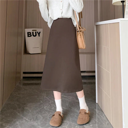 FashionSierra - 2024 New Autumn Winter Wool Blend Mid-length Women Fashion High Waist A-line Wool Female Casual Long Skirt