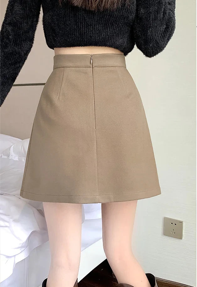 FashionSierra - 2024 New Autumn Winter Wool Mini Women Fashion High Waist A-line Woolen Short Ladies Package Hip Skirt