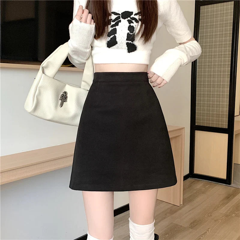 FashionSierra - 2024 New Autumn Winter Wool Mini Women Fashion High Waist A-line Woolen Short Ladies Package Hip Skirt