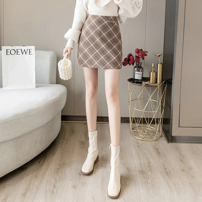 FashionSierra - 2024 New Autumn Winter Women Fashion High Waist A-line Plaid Mini Ladies Vintage Wool Package Hip Skirt