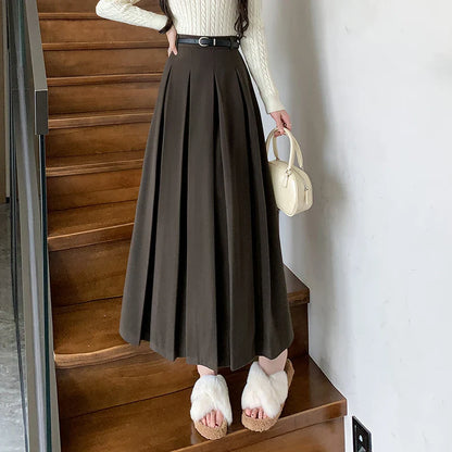 FashionSierra - 2024 New Autumn Winter Woolen Women Long High Waist A-line Pleated Korean Style Ladeis Wool Midi Skirt