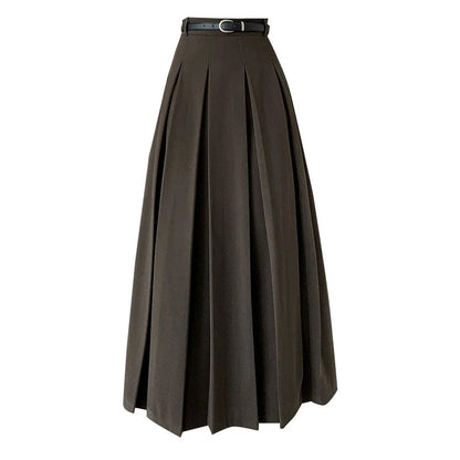 FashionSierra - 2024 New Autumn Winter Woolen Women Long High Waist A-line Pleated Korean Style Ladeis Wool Midi Skirt