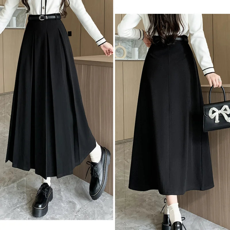 FashionSierra - 2024 New Autumn Winter Woolen Women Long High Waist A-line Pleated Korean Style Ladeis Wool Midi Skirt