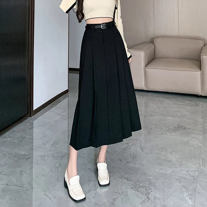 FashionSierra - 2024 New Autumn Casual Suit Korean Women Fashion High Waist A-line Pleated Ladies Gray Long Skirt