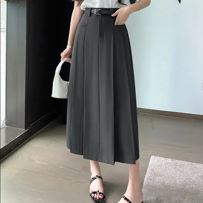 FashionSierra - 2024 New Autumn Casual Suit Korean Women Fashion High Waist A-line Pleated Ladies Gray Long Skirt