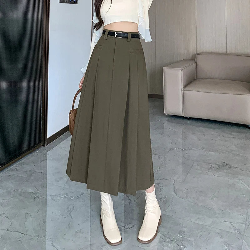 FashionSierra - 2024 New Autumn Casual Suit Korean Women Fashion High Waist A-line Pleated Ladies Gray Long Skirt