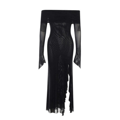 FashionSierra - 2024 New European And American Gothic Dark Fashion Man Slim One Shoulder Mesh Long Women Casual Summer Dress