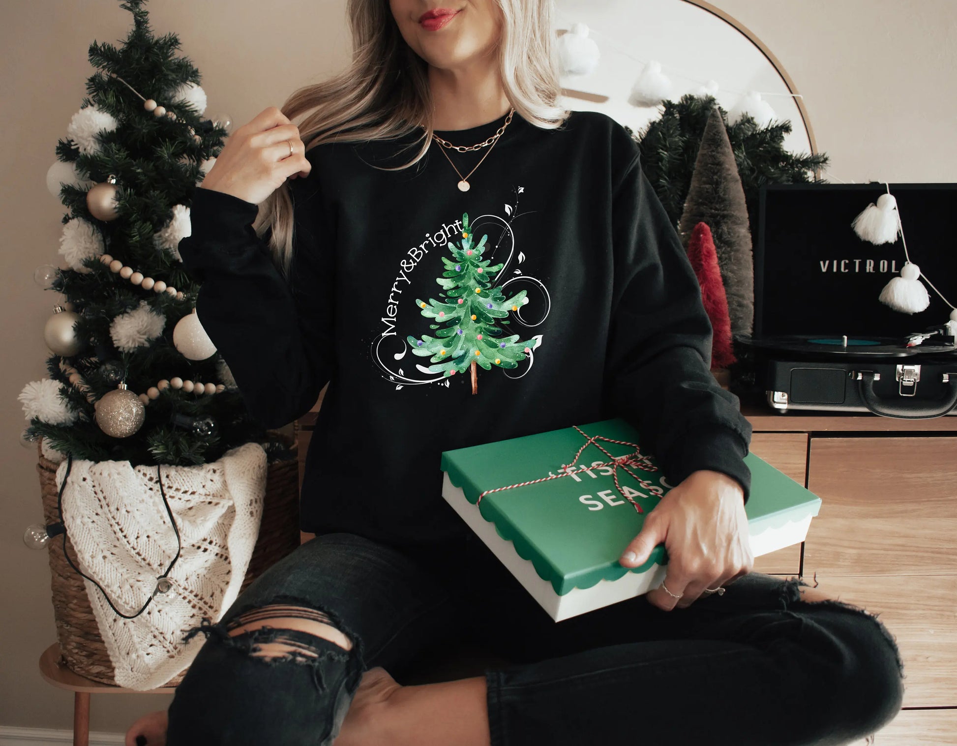 Hot Sale Merry Bright Light Tree Girl Holiday Christmas Hoodie Black / S Hoodies-L