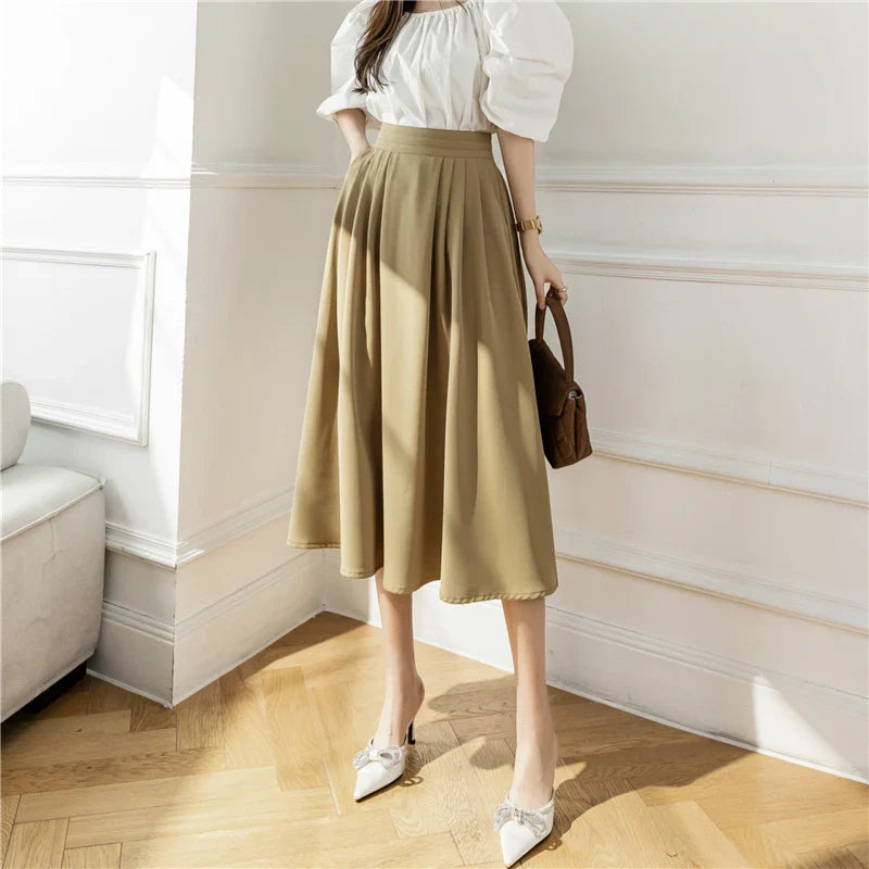 2024 New Spring Autumn A-line Umbrella Womens Fashion Pink High Waist Pleated Ladies Elegant Vintage Long Skirt