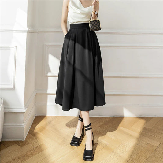 2024 New Spring Autumn A-line Umbrella Womens Fashion Pink High Waist Pleated Ladies Elegant Vintage Long Skirt