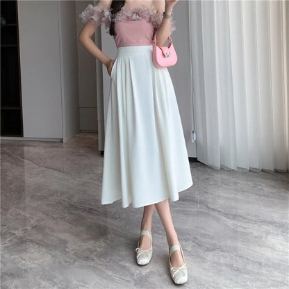 2024 New Spring Autumn A-line Umbrella Womens Fashion Pink High Waist Pleated Ladies Elegant Vintage Long Skirt