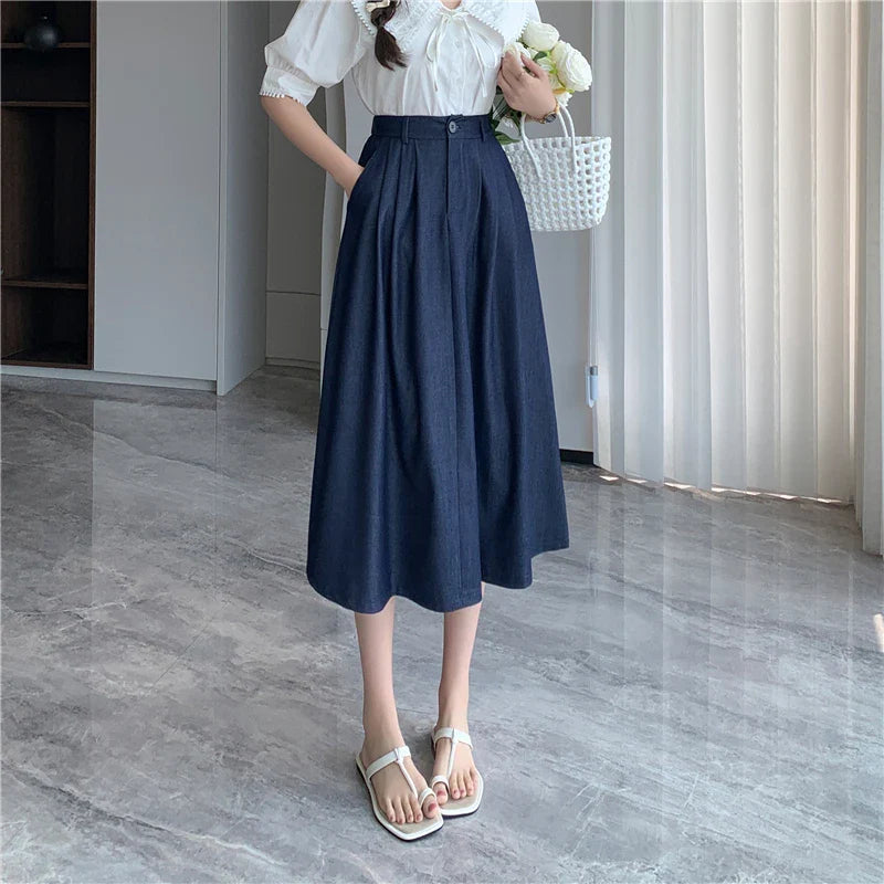 FashionSierra - 2024 New Spring Summer Denim Womens Fashion High Waist A-line Casual Ladies Vintage Umbrella Skirt