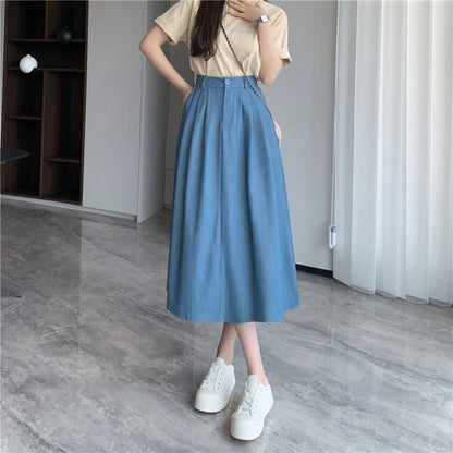 FashionSierra - 2024 New Spring Summer Denim Womens Fashion High Waist A-line Casual Ladies Vintage Umbrella Skirt