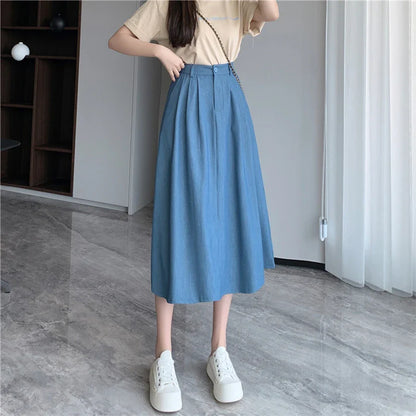 FashionSierra - 2024 New Spring Summer Denim Womens Fashion High Waist A-line Casual Ladies Vintage Umbrella Skirt