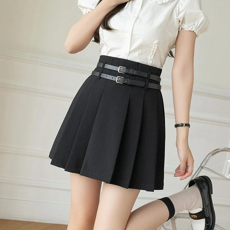 FashionSierra - 2024 New Spring Summer Fashion Pleated Mini Women Belt High Waist A-line Suit Ladies Casual Short Skirt