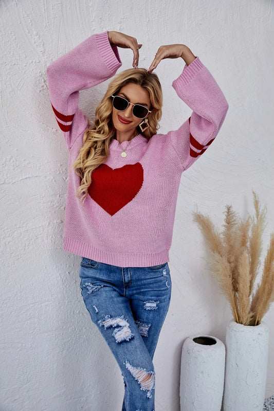 2024 New Winter Women's Loose Round Neck Knitted Pullover Love Long-sleeve Sweater