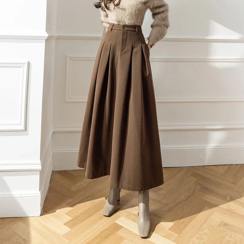 FashionSierra - 2024 New Winter Woolen Long Womens Fashion High Waist Ball Gown Pleated Korean Style Ladies Wool Skirt