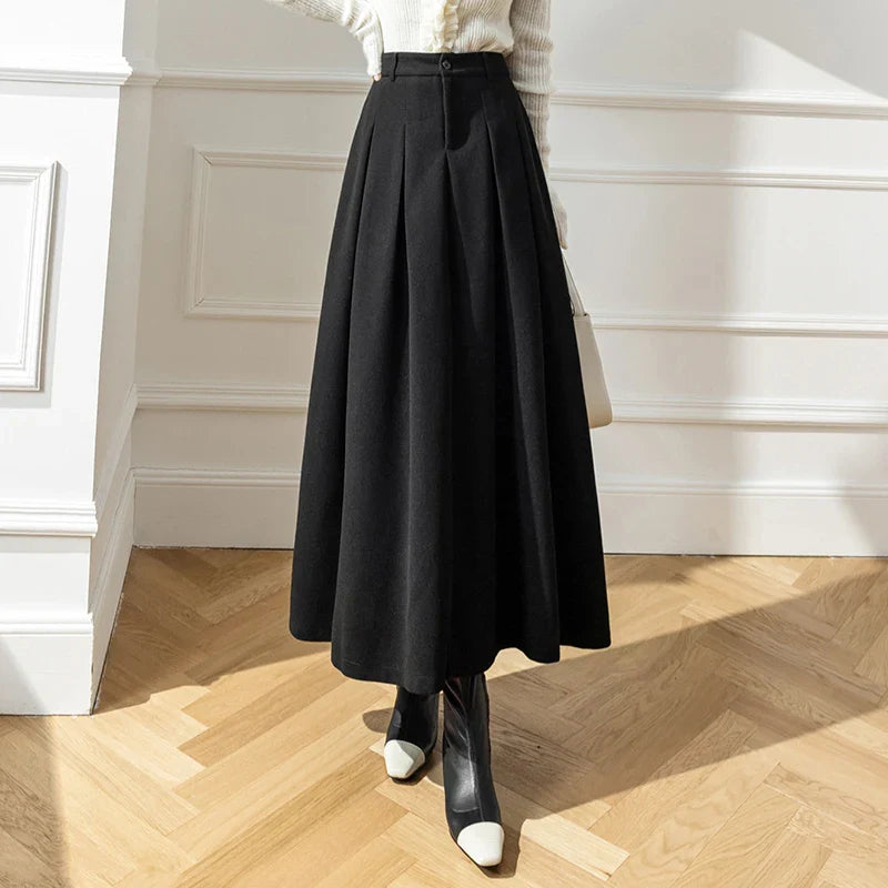 FashionSierra - 2024 New Winter Woolen Long Womens Fashion High Waist Ball Gown Pleated Korean Style Ladies Wool Skirt