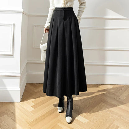 FashionSierra - 2024 New Winter Woolen Long Womens Fashion High Waist Ball Gown Pleated Korean Style Ladies Wool Skirt