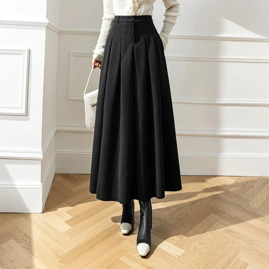 FashionSierra - 2024 New Winter Woolen Long Womens Fashion High Waist Ball Gown Pleated Korean Style Ladies Wool Skirt