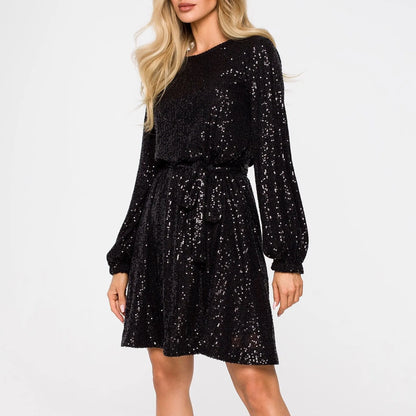 FashionSierra - New Women's Sequin Puff Long Sleeve Glitter Sequins Mini With Belt Fashion Temperament Elegant Evening Dress