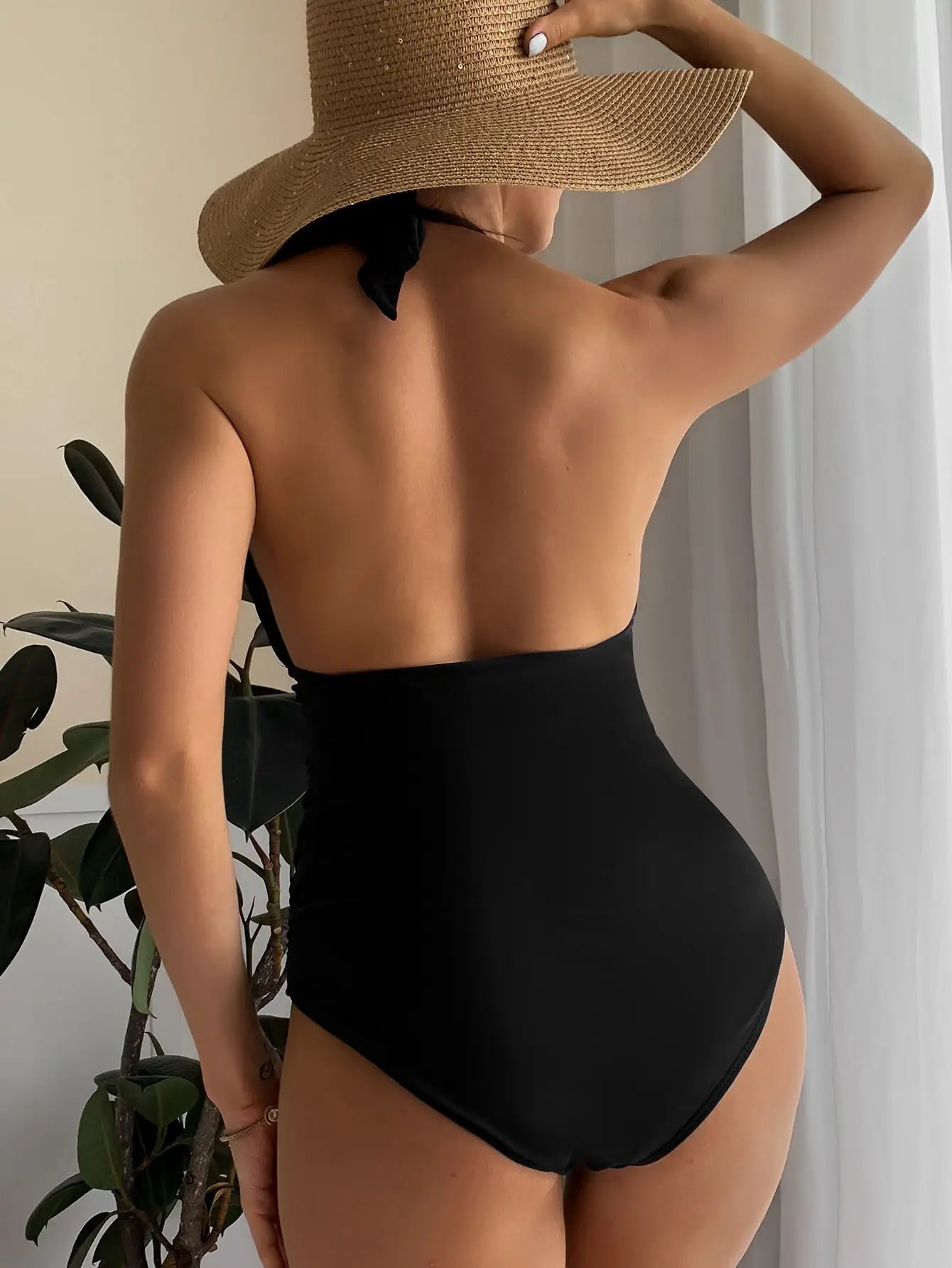 FashionSierra - 2024 Ruched High Neck Solid Bathing Basic Swimsuits