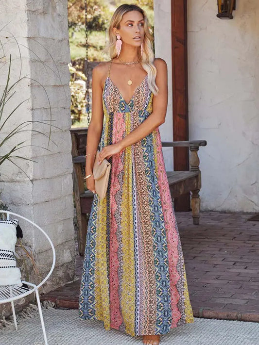 FashionSierra - 2024 Summer Beach Holiday V-Neck Long Party Boho Dress