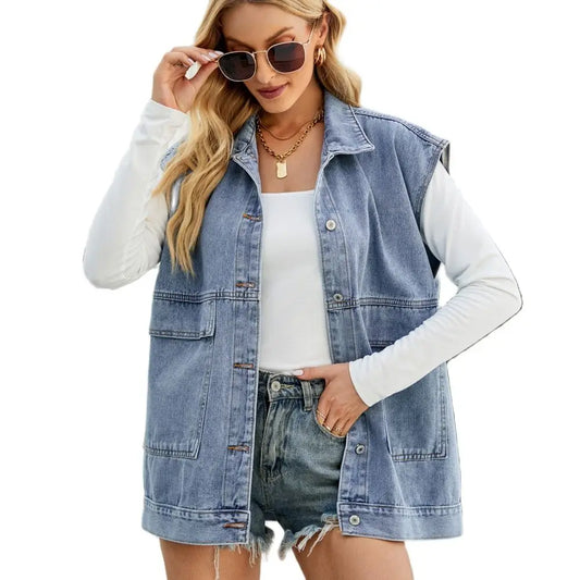 2024 Summer Women Sleeveless Lapel Denim Vest Fashion Casual Jeans Jacket Street Trend Coat